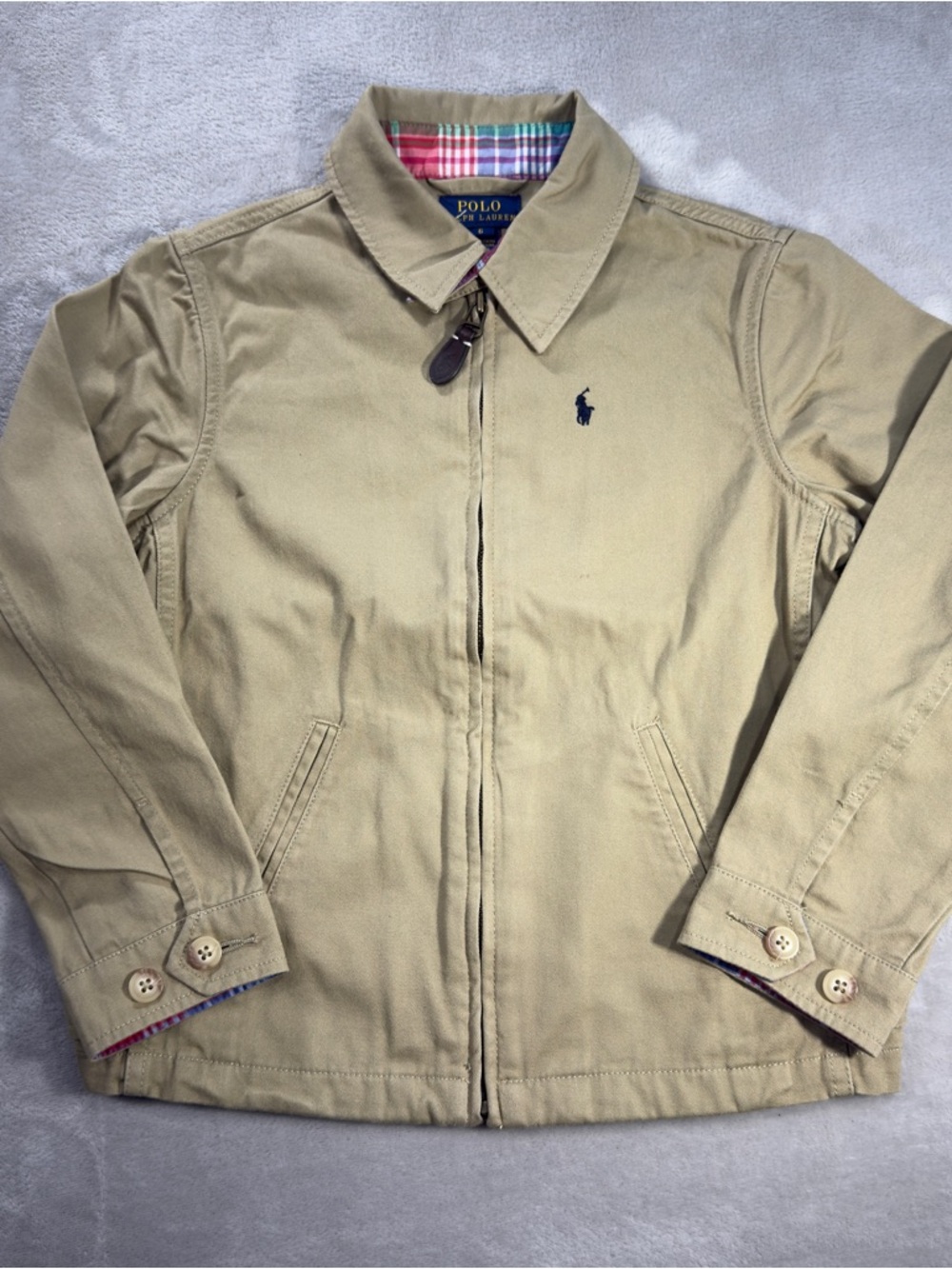 Polo Ralph Lauren Khaki Harrington Jacket Zip with Plaid Lined Collar Kids Sz 6